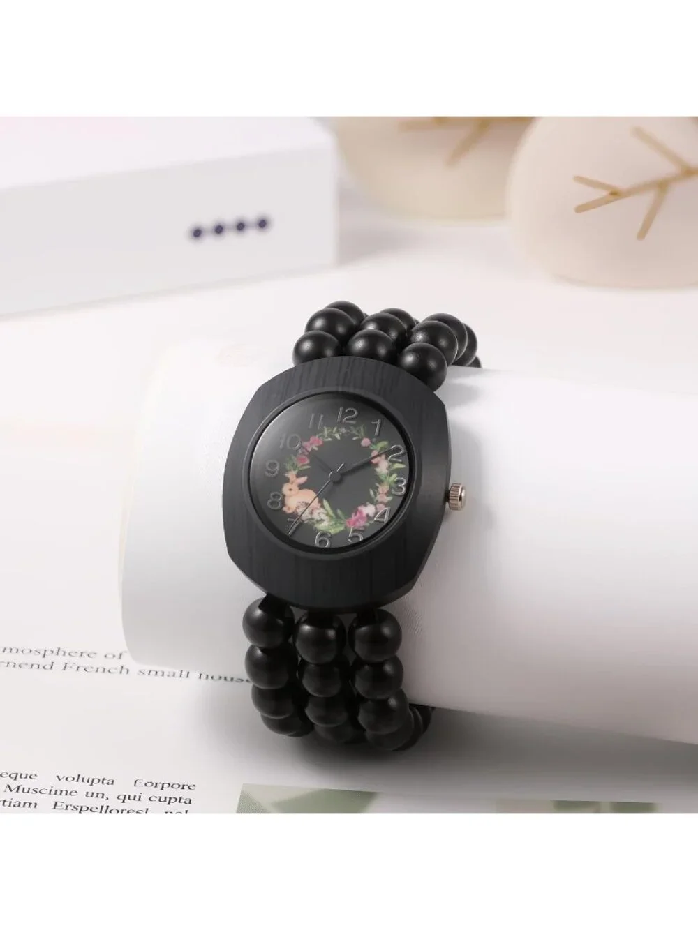 Women's Black Boho Wood Bead Wreath Dial Floral Quartz Elastic Band Casual Watch